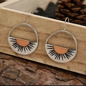 Artisan Handcrafted Silver-Tone & Copper Sunburst Hoop Earrings